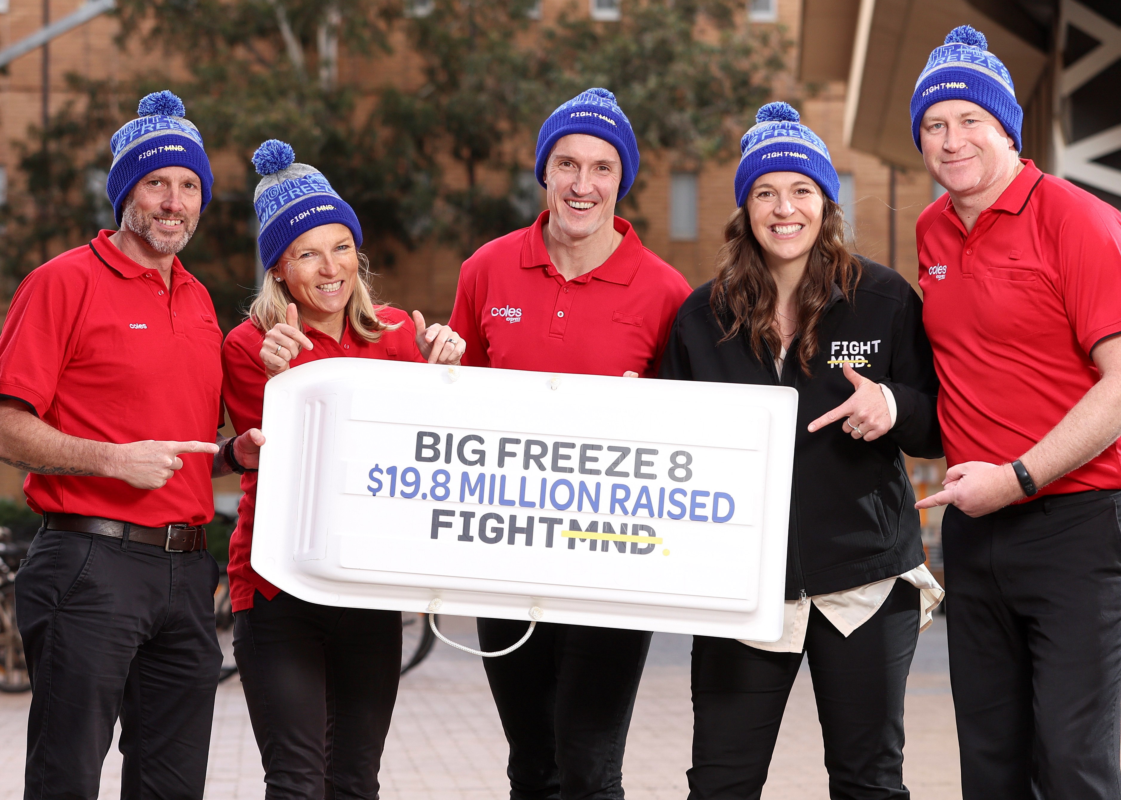 L-R: Coles National Operations Manager MDS Kane Yates, Head of Community and Stakeholder Engagement Julia Balderstone, Executive General Manager Express Michael Courtney, FightMND campaign Director Bec Daniher and Coles Express Category Manager Daniel Snell